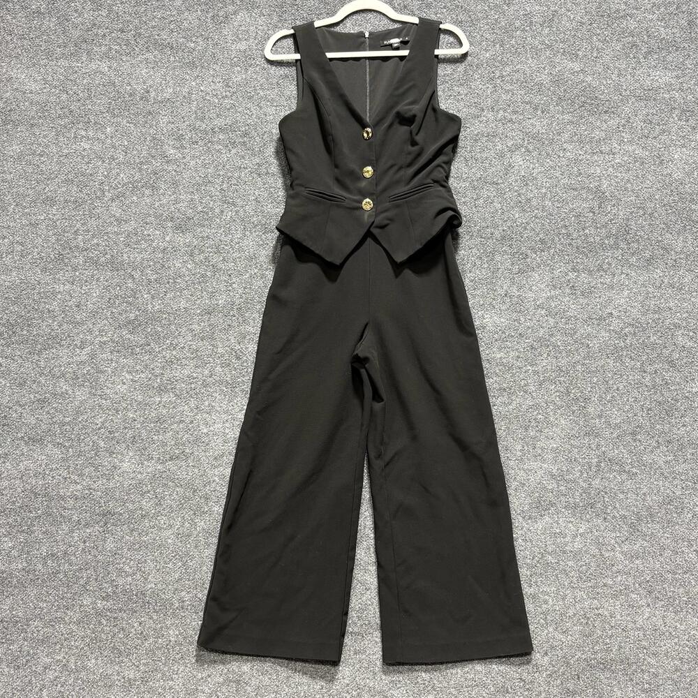 Black Halo Jumpsuit Womens 4 Black Sloane Sleeveless V Neck Wide Leg Button